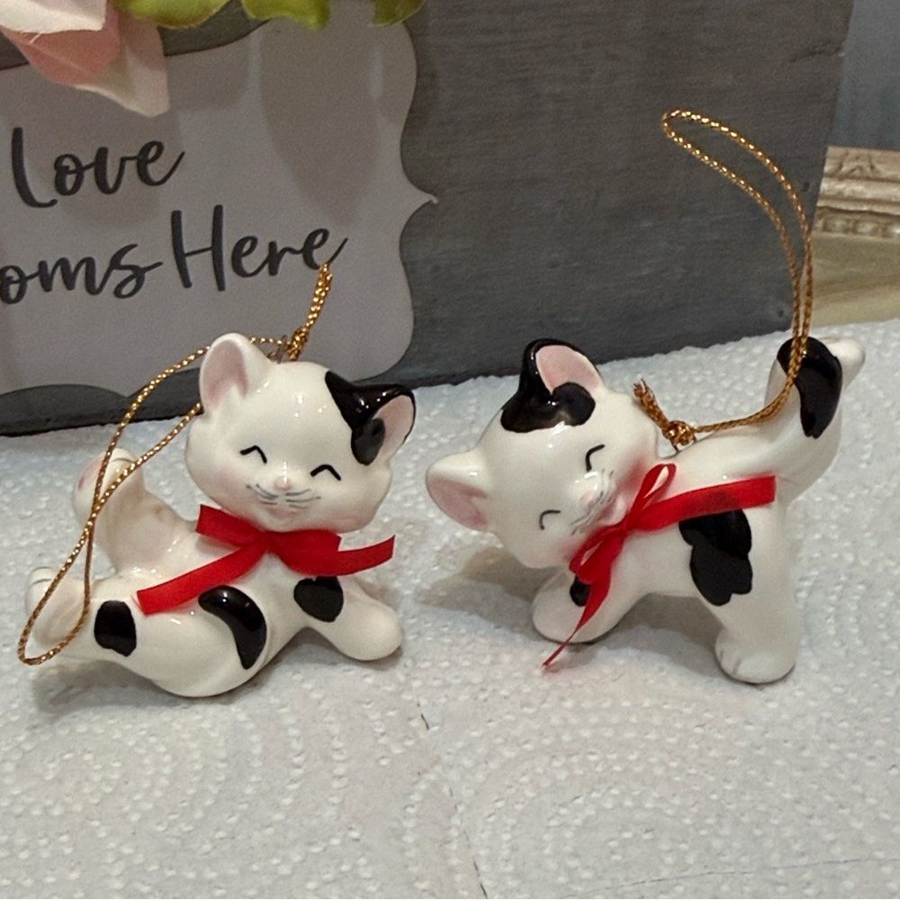 Rare Vintage Happy Cat Ornaments Set of Two Japan